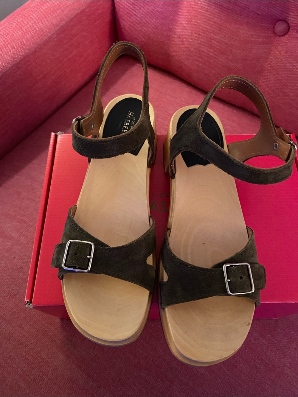 Swedish Hasbeens Olive Suede Ankle-Strap Clog Sandals